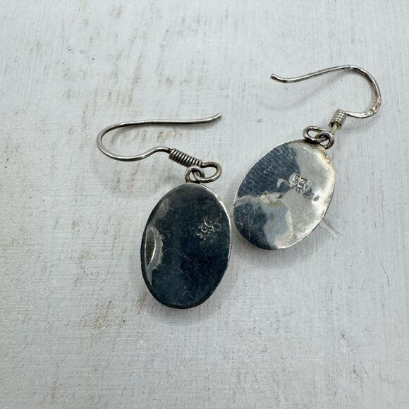 Vintage Mexican Sterling Silver Oval Mother Of Pearl Inlay Dangle Drop Earrings - Picture 10 of 14